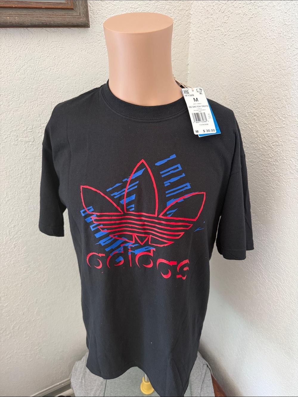 adidas Black Tee with Red & Blue Trefoil Graphic